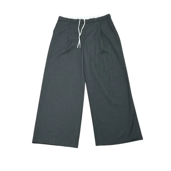 ZARA Trouser Wide Leg Pants Double Elastic Waist Drawstring Gray  L Tailored - Picture 6 of 8